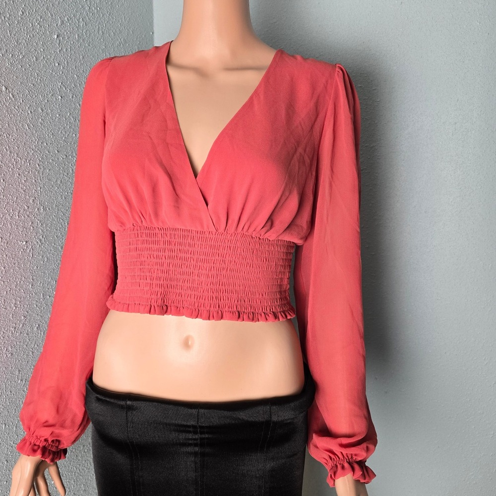 Wilfred Aritzia Wistful Blouse Rosy Red Smocked Cropped V-Neck Top Small NEW